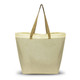 A large market tote bag in beige with light yellow accents and sturdy brown handles. It features a branded logo.