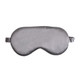 A satin sleep mask in a soft grey colour with an elastic strap for comfort. Features a logo.