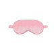 A pink satin sleep mask with an adjustable strap and a smooth surface. Features a branding logo.