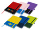 A collection of A5 notebooks in red, black, pink, purple, yellow, navy, and green, each with an elastic band and logos.