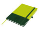 A vibrant green and lime A5 notebook featuring an elastic band and a logo on the cover.