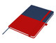 A A5 notebook featuring a red and navy blue design, complete with an elastic closure and a ribbon marker.