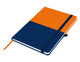 A navy blue and orange A5 notebook with a ribbon bookmark and an elastic closure, featuring a logo on the cover.
