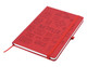 A red A5 notebook with debossed designs and an elastic band closure, featuring various icons and a logo.