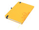 A yellow A5 notebook with a soft-touch cover, featuring a design and blue elastic band. It includes a yellow ribbon marker.