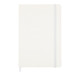 A white notebook with a grey elastic band and a ribbon bookmark. It has a smooth cover and no visible branding.