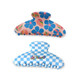 Two hair clips with vibrant patterns. The top clip features pink flowers with blue accents, while the bottom is blue and white checkered with a logo.