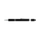 A black pen with silver accents and a textured grip, featuring a logo.