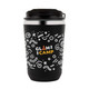 A drink bottle in matte black with a silver rim, featuring a playful design and a logo.