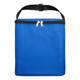 A blue cooler bag with a black zipper and handle, featuring a front pocket and a sturdy design.
