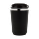 A black drink bottle with a silver band around the lid and a secure closing mechanism.