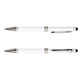 A metal pen with a sleek white body and chrome accents, featuring a smooth writing tip and a stylus for touchscreens.