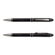 A metal pen set featuring sleek black finishes with silver detailing and a logo.