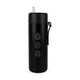 A drink bottle in black with a logo and decorative designs of eggs. It features a straw and a carrying strap.