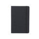 A black PU A6 notebook with a flexible cover and an elastic band closure. It features a logo on the front.