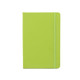A green PU A6 notebook featuring a smooth cover and an elastic band. It has a logo on the front.