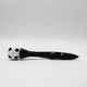 A black pen with a soccer ball design on top, featuring a glossy finish and a click mechanism.