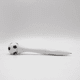 A white pen with a black and white soccer ball-shaped top and a logo on the body.