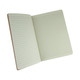 An open, lined notebook featuring a soft green interior and a brown cover.
