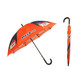 An eight-panel umbrella featuring orange and navy blue colours with a curved black handle and a logo.