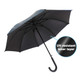 A black eight-panel umbrella with a UV resistant inner layer and a curved handle. It features a logo.