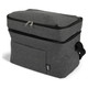 A grey insulated cooler bag with a zippered top and a front pocket, featuring a handle for easy carrying.