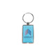 A rectangular blue epoxy tag with a metal keyring, featuring a logo design.