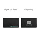 A black metal business card featuring a logo, with options for digital UV print and engraving on either side.