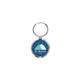 A round epoxy tag in blue and silver featuring a mountain graphic and a keyring attachment.