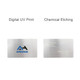 A stainless steel business card featuring a logo on one side and engraved details on the other side.
