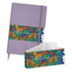 A purple notebook with a colourful leaf-patterned band and a matching pen gift set. The set includes a box.