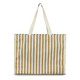 A striped tote bag in cream and brown with sturdy handles and branding on the side.