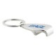 A shiny silver keychain bottle opener with a circular ring and a logo on one side.
