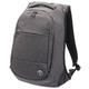 A grey anti-theft backpack featuring multiple compartments and a logo on the front.