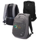 A collection of three Swissdigital Bolt anti-theft backpacks in grey and black, featuring a logo on one.
