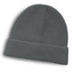 A grey beanie with a textured finish and a folded cuff, featuring a small logo.