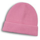 A pink brushed kids beanie with a folded cuff and a textured finish, featuring a logo.