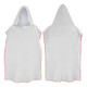 A white adult hooded towel with red trim, featuring a hood and an overall poncho-style design.