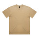A beige t-shirt with short sleeves and a solid design, featuring a logo on the neckline.