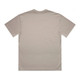 A beige t-shirt with a plain back, featuring a logo on the neckline.