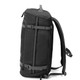 A black travel backpack with grey straps and organisational pockets, featuring a sleek, structured design.
