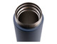 A drink bottle in navy blue with a stainless steel interior and a wide flip-top opening. Features a logo.