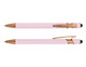 A rose gold stylus pen with a pink barrel, featuring a logo and a smooth writing tip.