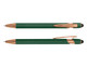 A green stylus pen with rose gold accents, featuring a logo on the barrel.