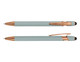 A stylus pen featuring a mint green body with rose gold accents and a rubber tip for touchscreen use.