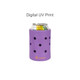 A drink bottle holder in purple with multiple holes, designed for standard cans, featuring a logo at the base.