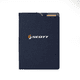 A navy blue notebook with a subtle texture and a logo on the front cover. It has a pocket for cards or notes.