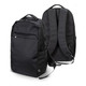 A black recycled backpack with adjustable straps and zippered compartments, featuring a logo on one side.