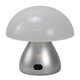 A Portobello table lamp with a silver base and a frosted glass dome shade in a mushroom shape.