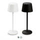 Two rechargeable table lamps are displayed: one in white and one in black, each with a minimalist design.